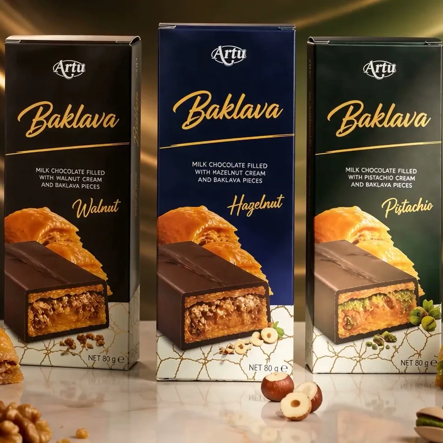 Artu Baklava in den Sorten Walnuss, Haselnuss und Pistazie